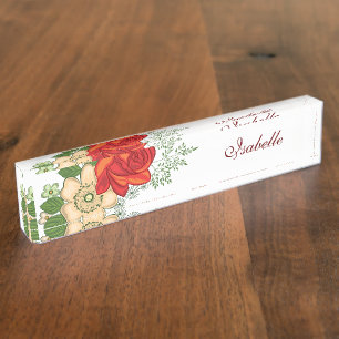 Porte-nom Rose rouge et marguerites nom personnalisé