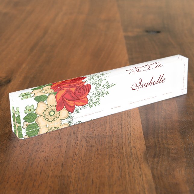 Porte-nom Rose rouge et marguerites Nom personnalisé (Taille)