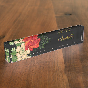 Porte-nom Rose rouge et marguerites Nom personnalisé Noir