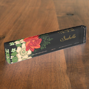 Porte-nom Rose rouge et marguerites personnalisées nom noir