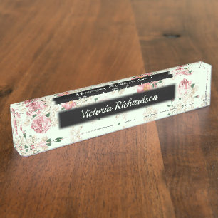 Porte-nom Rose sur Vert Vintage Floral