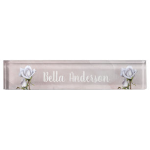 Porte-nom Roses blanches Élégant floral rustique shabby chic
