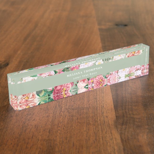 Porte-nom Roses botaniques vintages Pastel Vert & Rose (Taille)