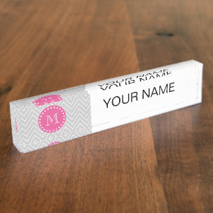 Porte-nom Roses indien, Chevron gris   votre monogramme