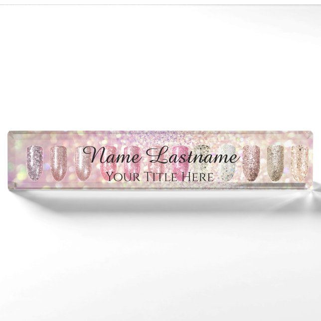 Porte-nom Salon à ongle Artiste Rose Lux Parties scintillant (Devant)