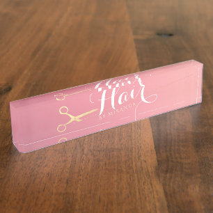 Porte-nom Salon de maquillage moderne ciseaux d'or rose