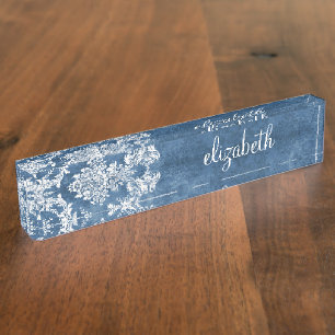 Porte-nom Sapphire Blue Vintage Damask Modèle et nom