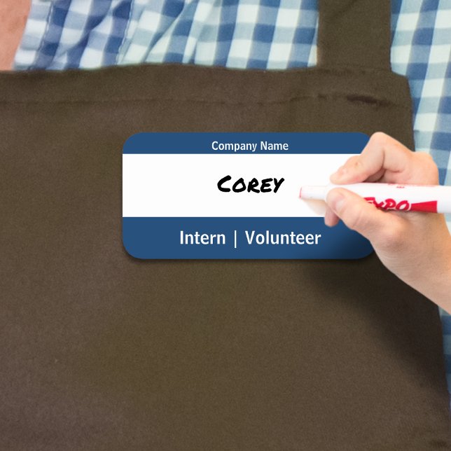 Porte-nom Simple Entreprise Rôle temporaire Bleu Blanc Sec E (Simple Company Temporary Role Blue White Dry Erase Name Tag)