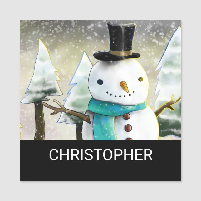 Porte-nom Snowman en hiver sur la scène de Noël (Devant)