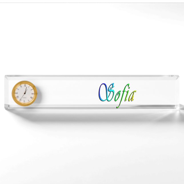 Porte-nom Sophia, Nom, Logo, Plaque De Bureau Avec Horloge. (Devant)