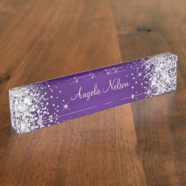 Porte-nom Sparkly Silver Parties scintillant Royal Purple Om (Taille)