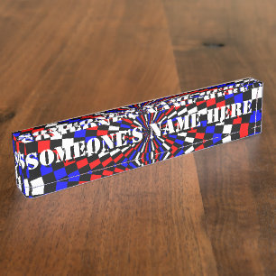 Porte-nom Spirale rouge blanc de Checker bleu par Kenneth Yo