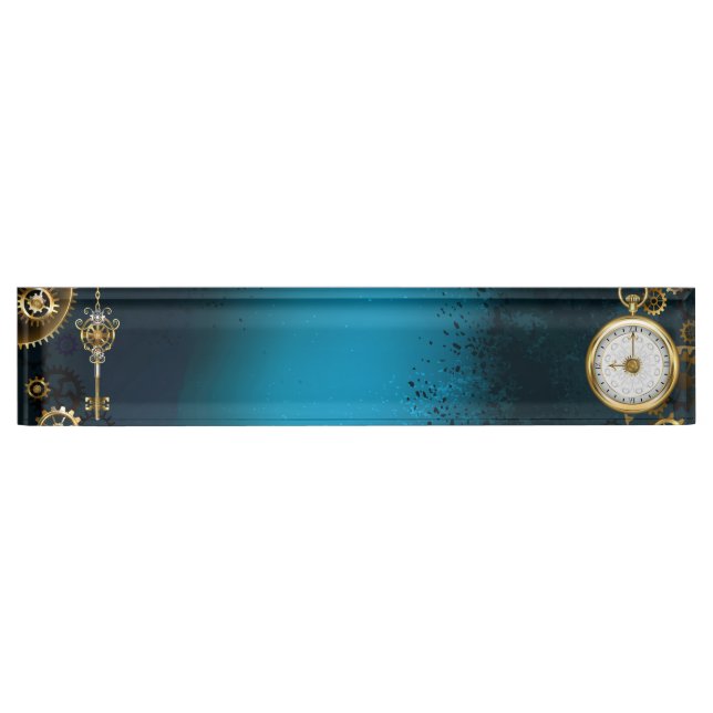 Porte-nom Steampunk Arrière - plan turquoise avec Gears (Devant)