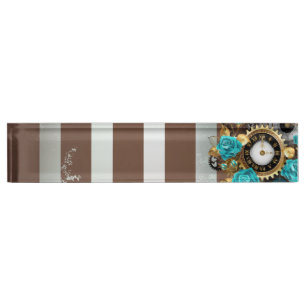 Porte-nom Steampunk Clock and Turquoise Roses on Striped