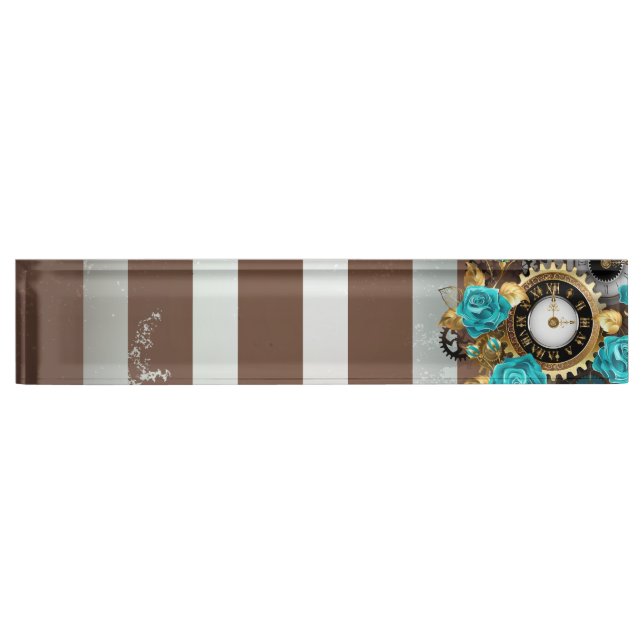 Porte-nom Steampunk Clock and Turquoise Roses on Striped (Devant)