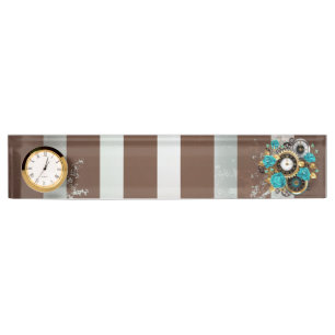 Porte-nom Steampunk Clock and Turquoise Roses on Striped