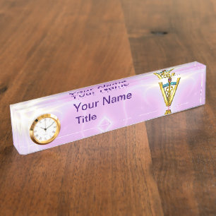 Porte-nom SYMBOLE VÉTÉRINAIRE CADUCE D'OR /Blanc rose