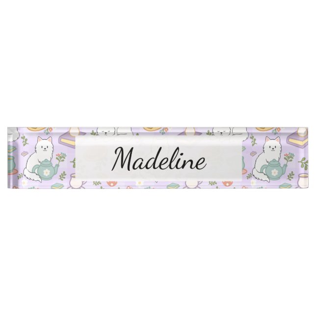 Porte-nom Tea & Bookish Cats Personalized Desk Nameplate (Devant)