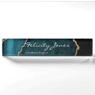 Porte-nom Teal - Géode de Turquoise et Agate en Or Pierre