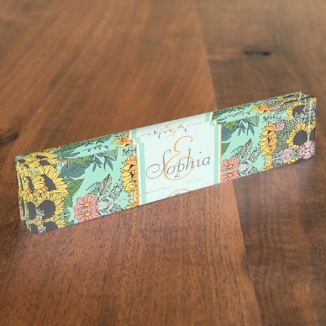 Porte-nom Tendance tournesol jaune et rose roses design (Taille)