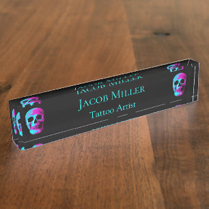Porte-nom Tête de crâne Neon gothique Violet Turquoise Noi