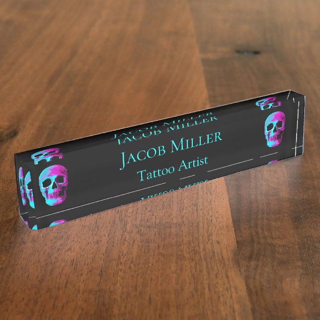 Porte-nom Tête de crâne Neon gothique Violet Turquoise Noir  (Taille)