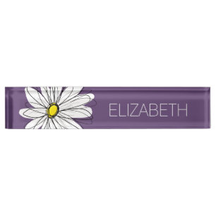 Porte-nom Texte personnalisé marguerite mauve et jaune