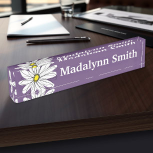 Porte-nom Texte personnalisé marguerite mauve et jaune