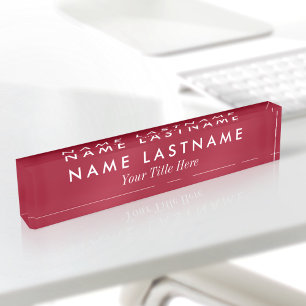 Porte-nom Titre personnalisé simple moderne rouge bordeaux é