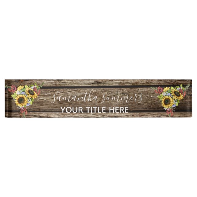 Porte-nom Tournesol en bois Calligraphie manuscrite rustique (Devant)
