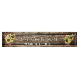 Porte-nom Tournesol en bois Rustique Calligraphie Manuscrite