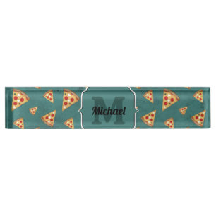 Porte-nom Tranches de pizza cool motif sarcelle vintage Mono