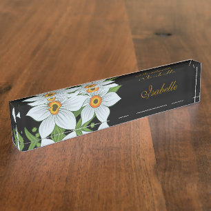 Porte-nom Tulipes et jonquilles personnalisées Nom Noir