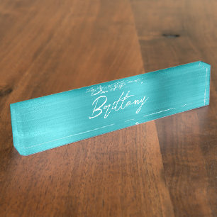 Porte-nom Turquoise Bleu Ombre Feuille Moderne Brosse Script