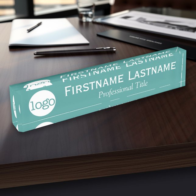 Porte-nom Turquoise et blanc - Logo, Nom, Titre professionne (Personalized Name Plate - Custom Logo Executive Desk Plate with Name and Professional Title)
