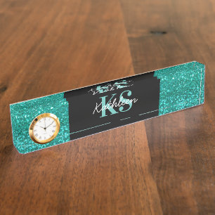 Porte-nom Turquoise Faux Parties scintillant Monogramme Bure