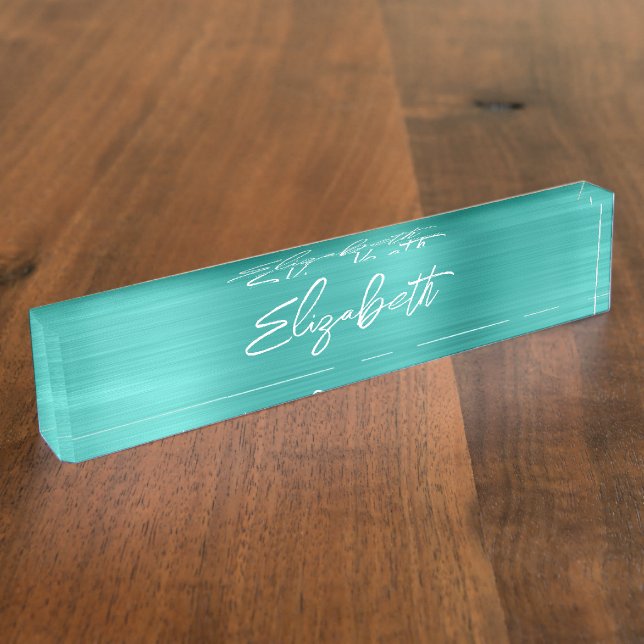 Porte-nom Turquoise Foil Script de pinceau moderne (Taille)