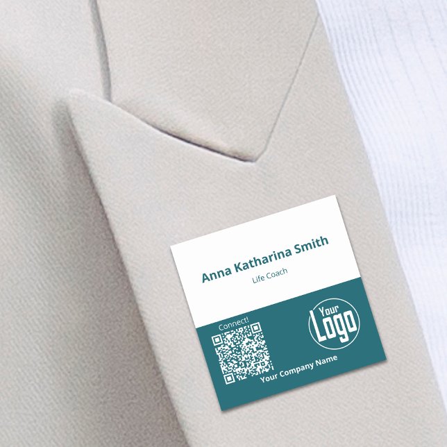 Porte-nom Turquoise White Event QR-Code Logo Société Experti (Teal White Event QR-Code Logo Company Expertise Name Tag)