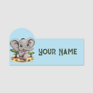 Porte-nom Un bébé éléphant qui sonne heureux dans la savane