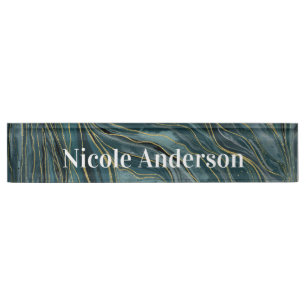 Porte-nom Vagues d'aquarelle Abstraite turquoise Blue Gold