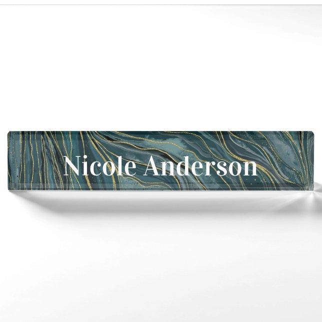 Porte-nom Vagues d'aquarelle Abstraite turquoise Blue Gold (Devant)