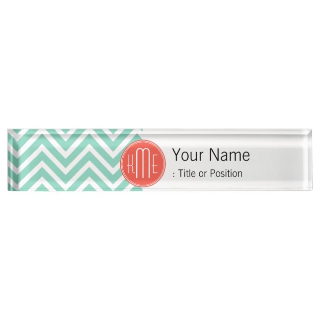 Porte-nom Vert chic Chevron d'Aqua et monogramme fait sur (Devant)