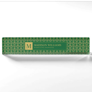 Porte-nom Vert émeraude et or, motif damassé sans couture