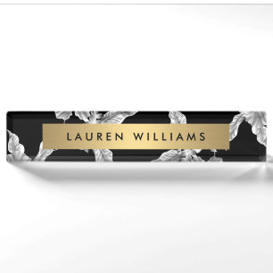 Porte-nom Vintage motif floral noir et blanc