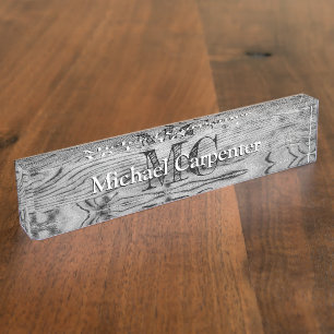 Porte-nom Vintage rustique gris noir bois brûlé Monogramme