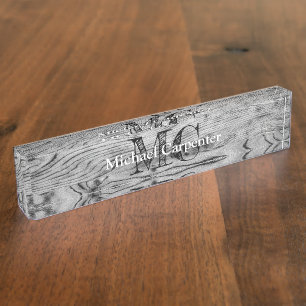 Porte-nom Vintage rustique gris noir bois brûlé Monogramme
