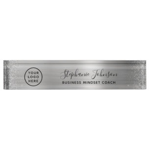 Porte-nom Votre logo Parties scintillant métallique argent B