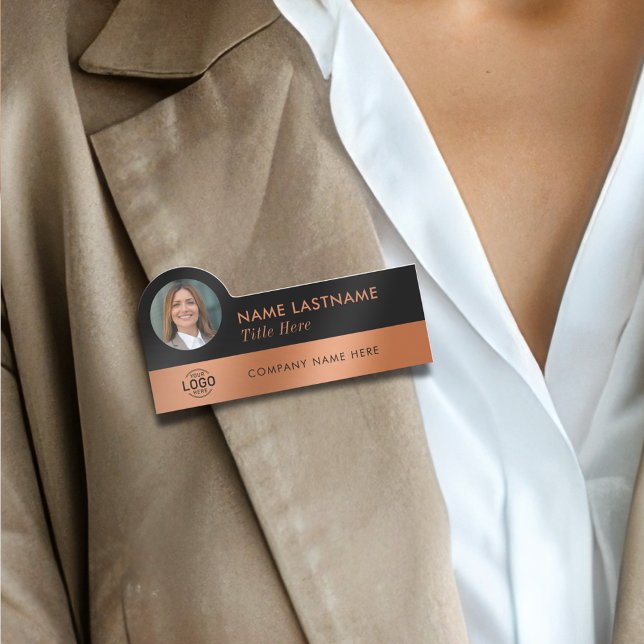 Porte-nom Votre Logo Photo Sleek Faux Copper Black Style (Créateur téléchargé)