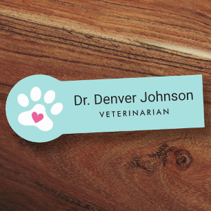Porte-nom White paw print with heart teal blue veterinarian