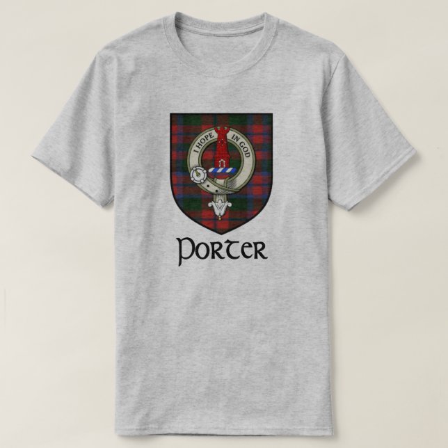 Porter Surname Scottish Clan Badge and Tartan T-Shirt (Design Front)